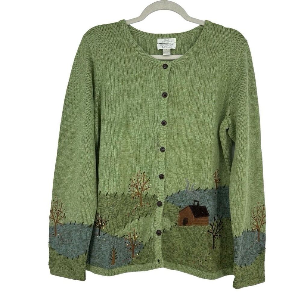 Vintage Green Sweater with Nature Scene
